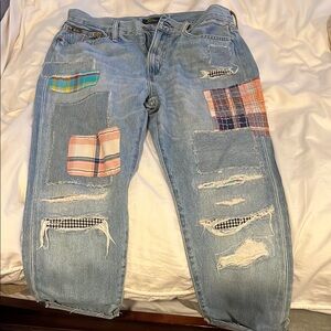 Ralph Lauren light Blue Relaxed Jeans with Distressed Patchwork size 28 EUC